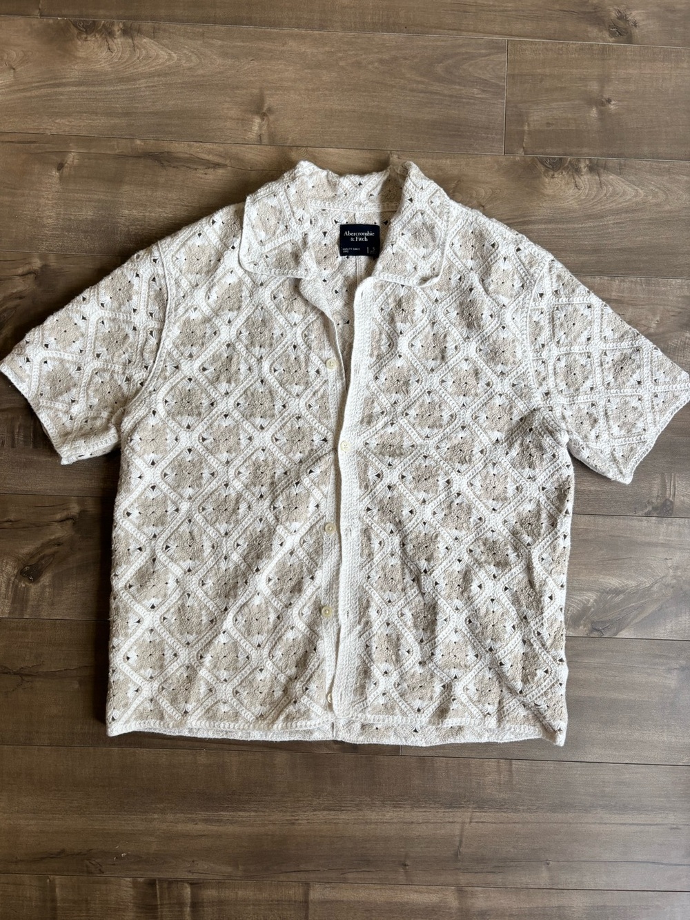 Abercrombie & Fitch Cream Tan Diamond Crochet Knit Shirt - Men's Small